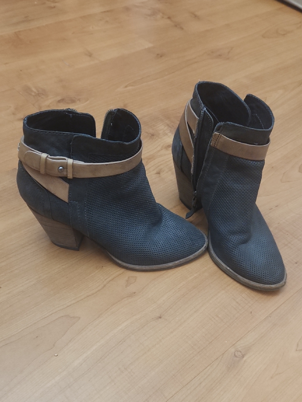Dolce Vita Black Perforated Ankle Booties with Tan Strap